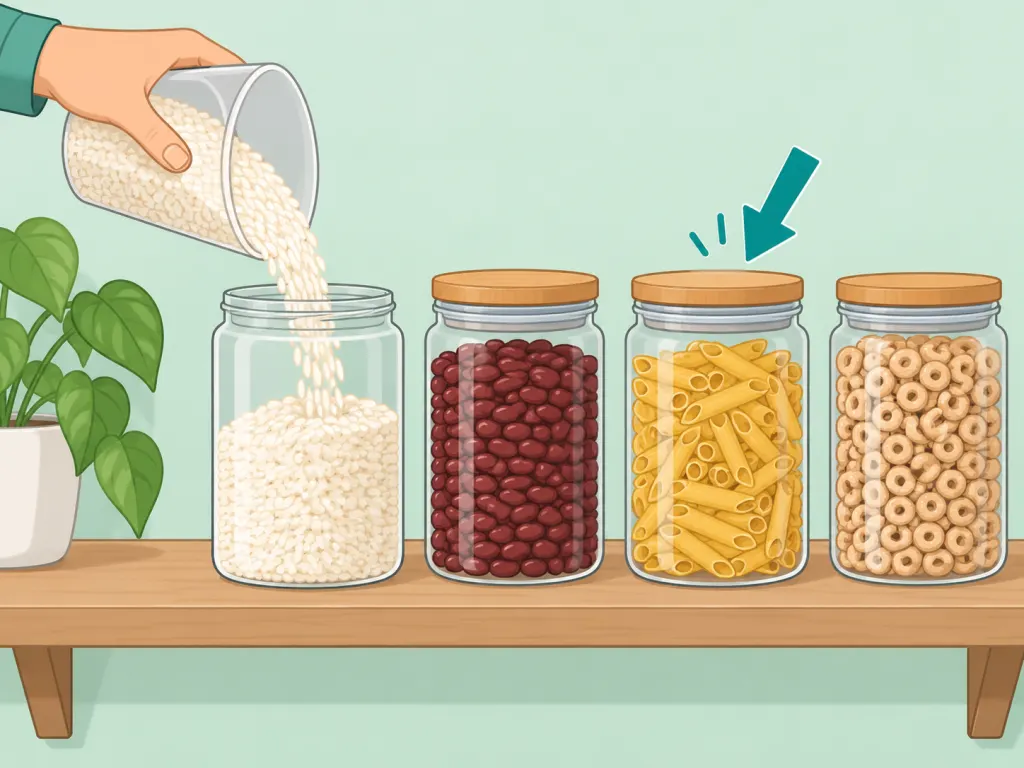 Dry pantry foods stored in airtight containers with tight lids.