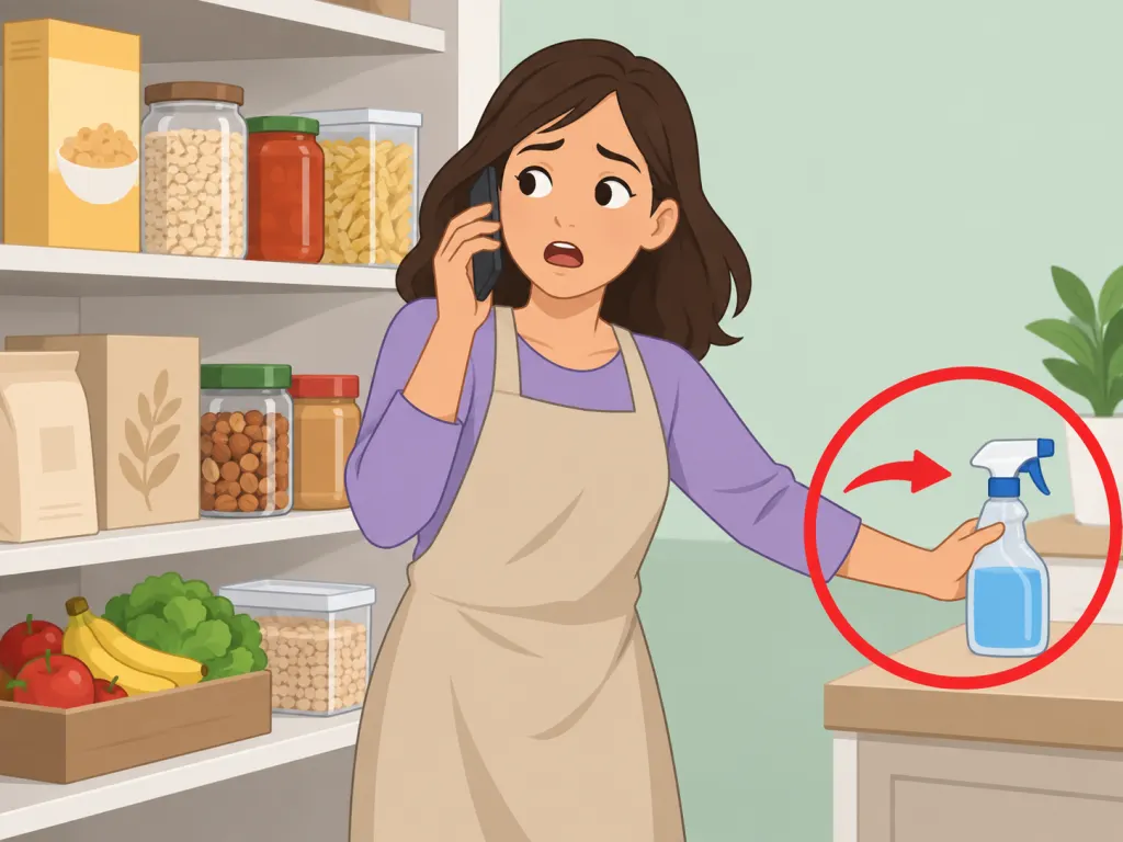 A spray bottle kept away from pantry food while the person seeks help.