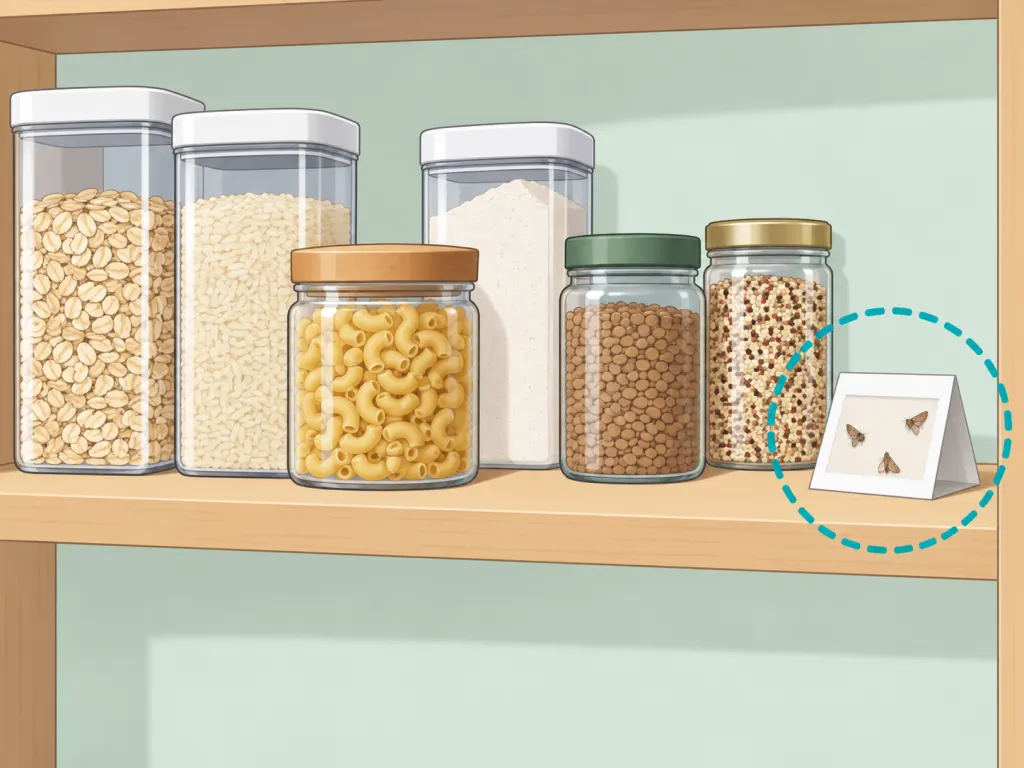 A clean pantry shelf with sealed containers and a moth monitoring trap.