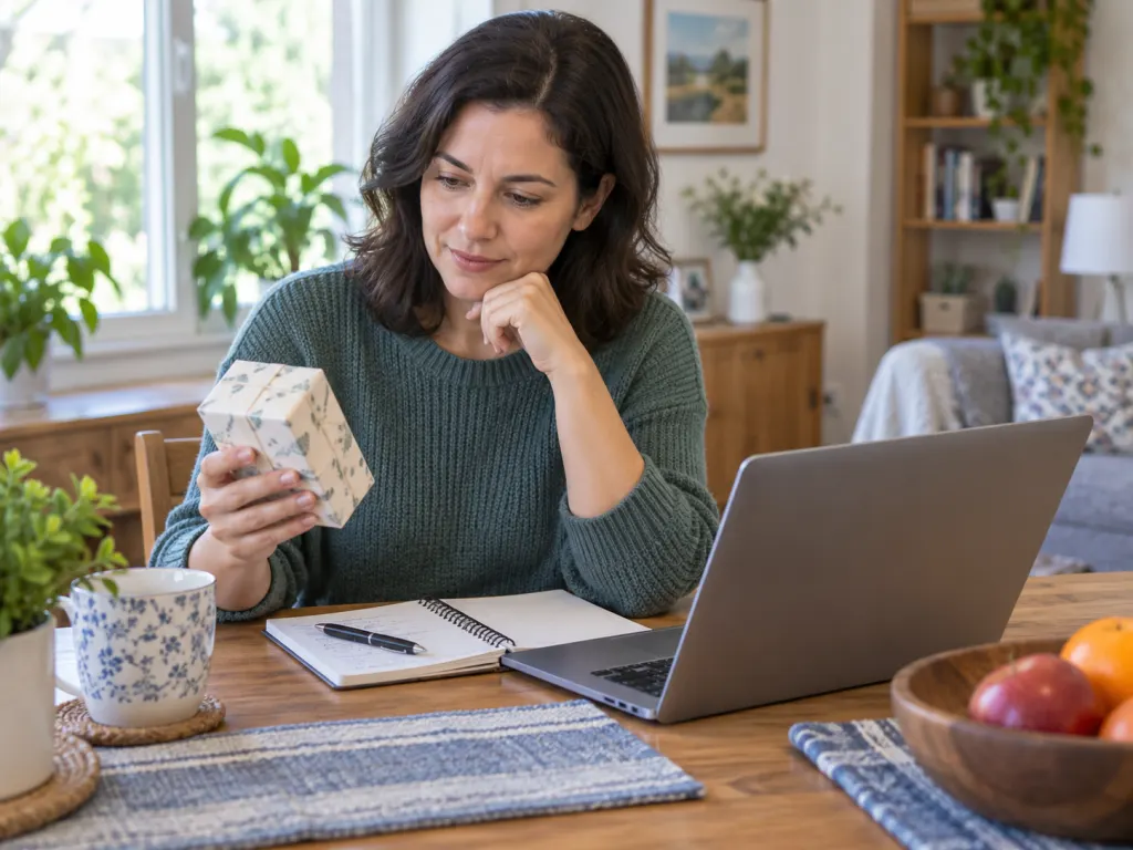 A person calmly reviewing a gift at a table with a laptop and notes.