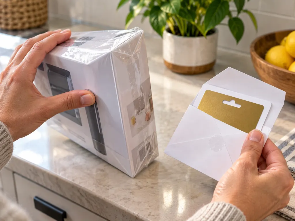 Hands inspect packaging and a gift card envelope for practical safety details.