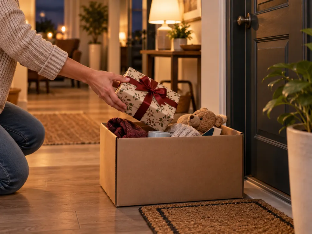 An unwanted gift rests in a donation box near a doorway in a calm home.