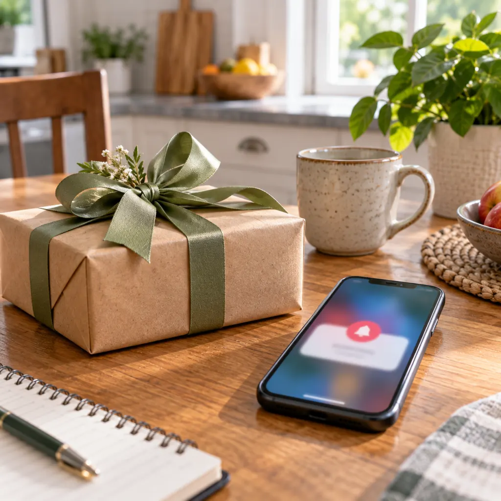 A wrapped gift beside a phone in a calm home setting, suggesting a moment of careful checking.