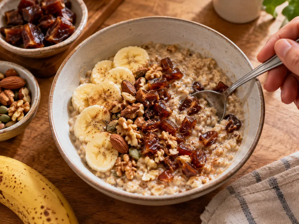 Chopped dates stirred into oatmeal with nuts and fruit.