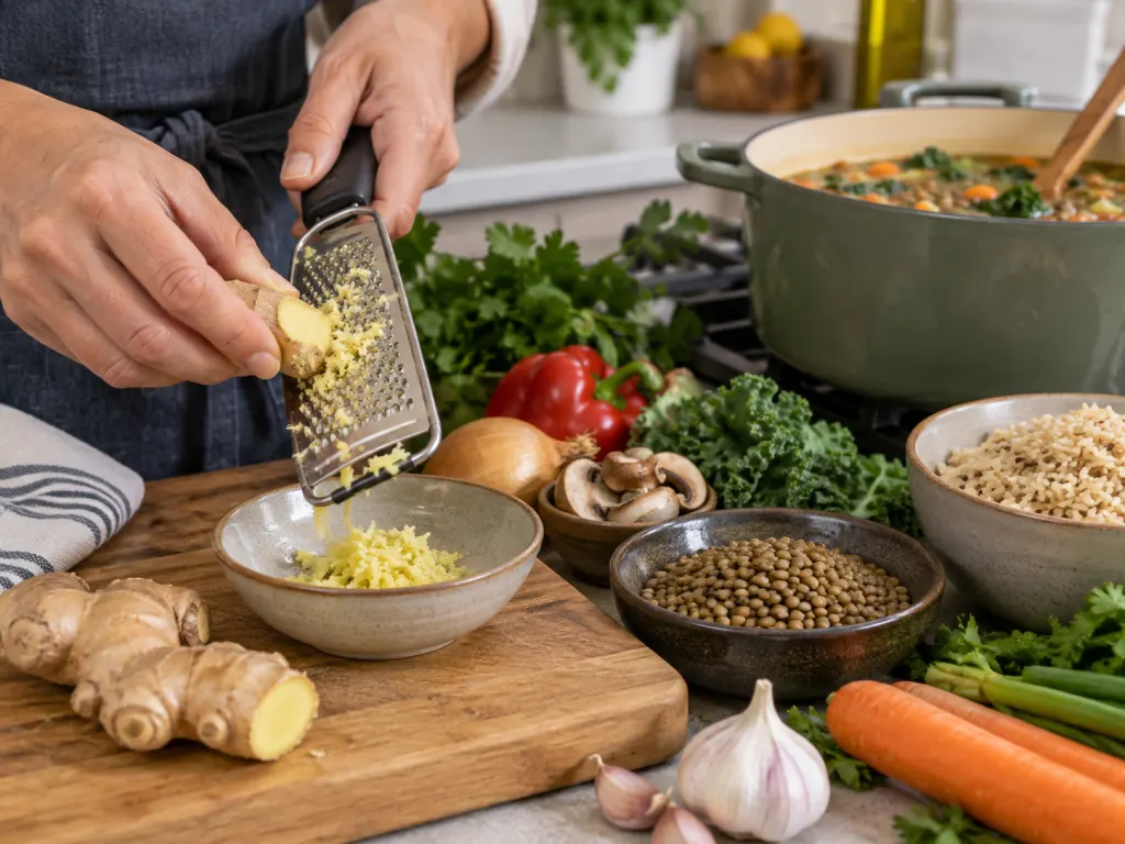 Fresh ginger grated beside lentils, vegetables, brown rice, and soup ingredients.