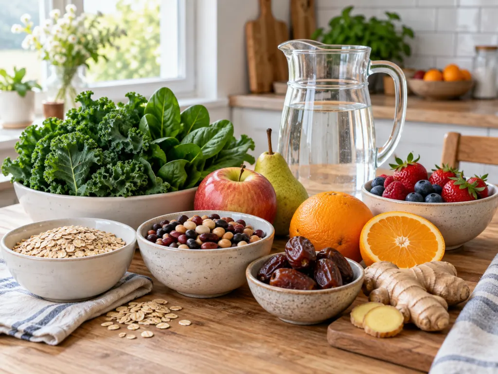 A balanced kitchen table with water, fruits, vegetables, beans, oats, dates, and ginger.