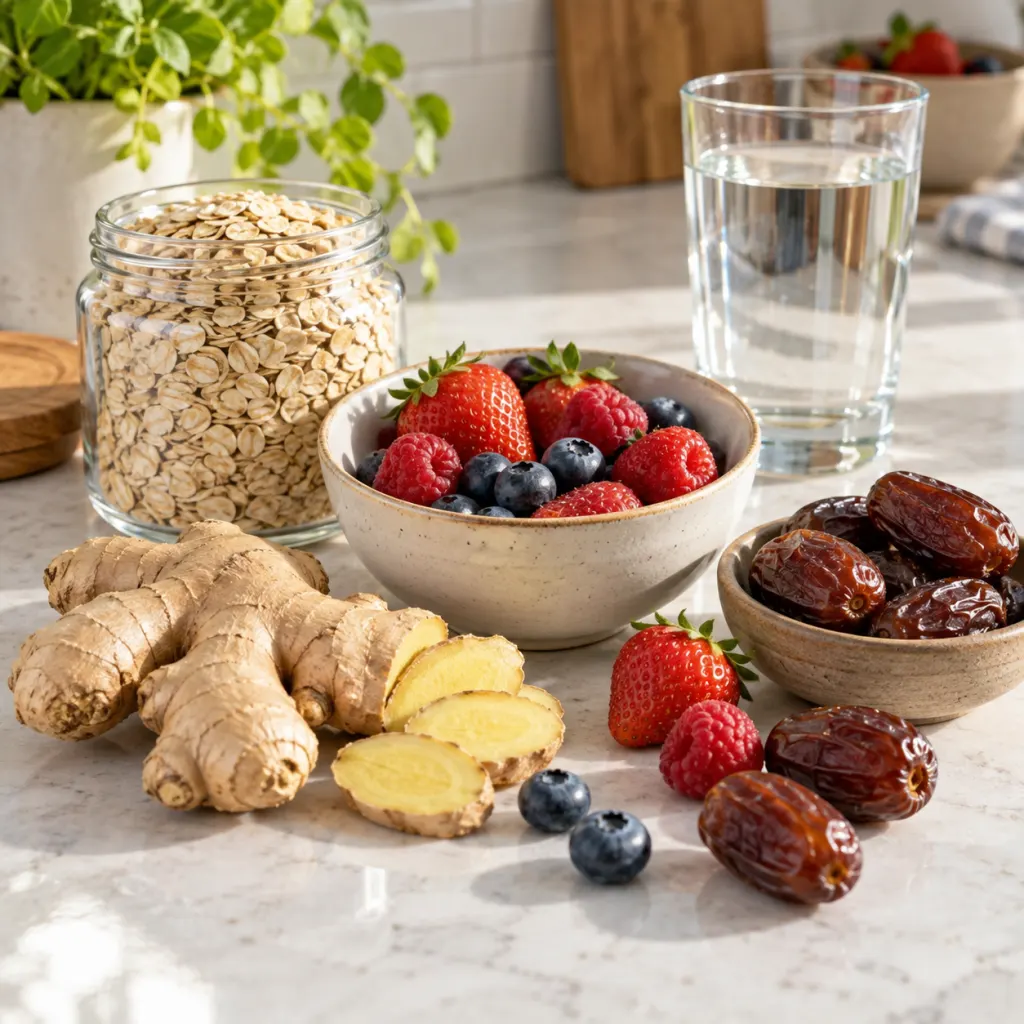 Fresh ginger, dates, oats, berries, and water arranged on a kitchen counter.