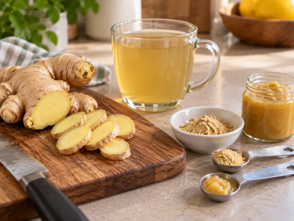Sliced ginger, measuring spoons, and ginger tea arranged on a kitchen counter.