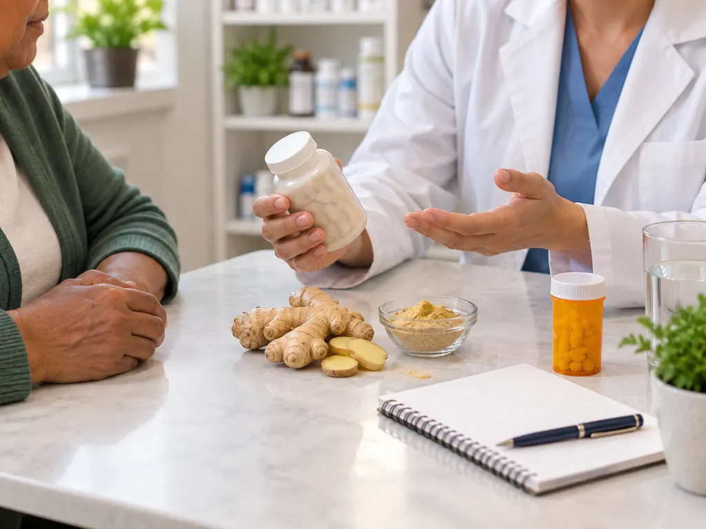 Hands reviewing an unlabeled ginger supplement bottle and medicine bottle at a consultation table.