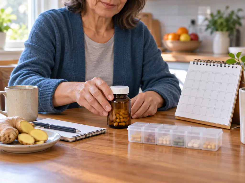 An unlabeled ginger supplement bottle beside a blank calendar and medication organizer.