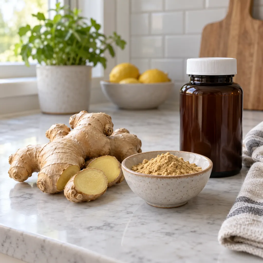 Fresh ginger, ginger powder, and an unlabeled supplement bottle on a kitchen counter.