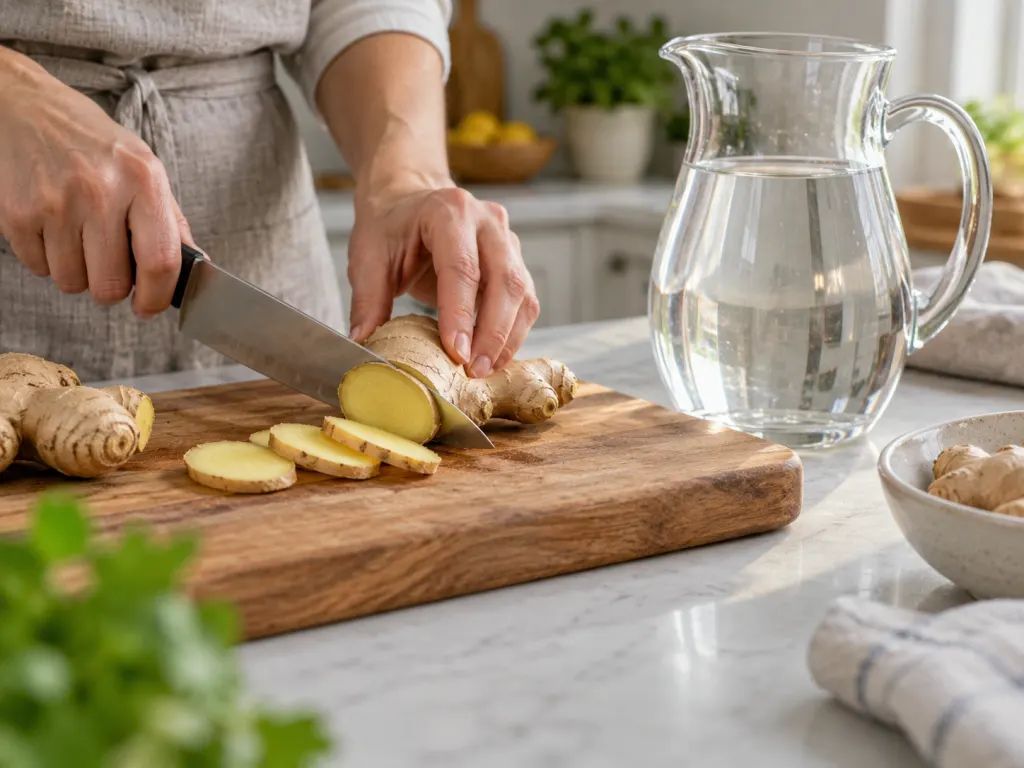 Fresh ginger slices beside a pitcher of water during simple kitchen preparation.