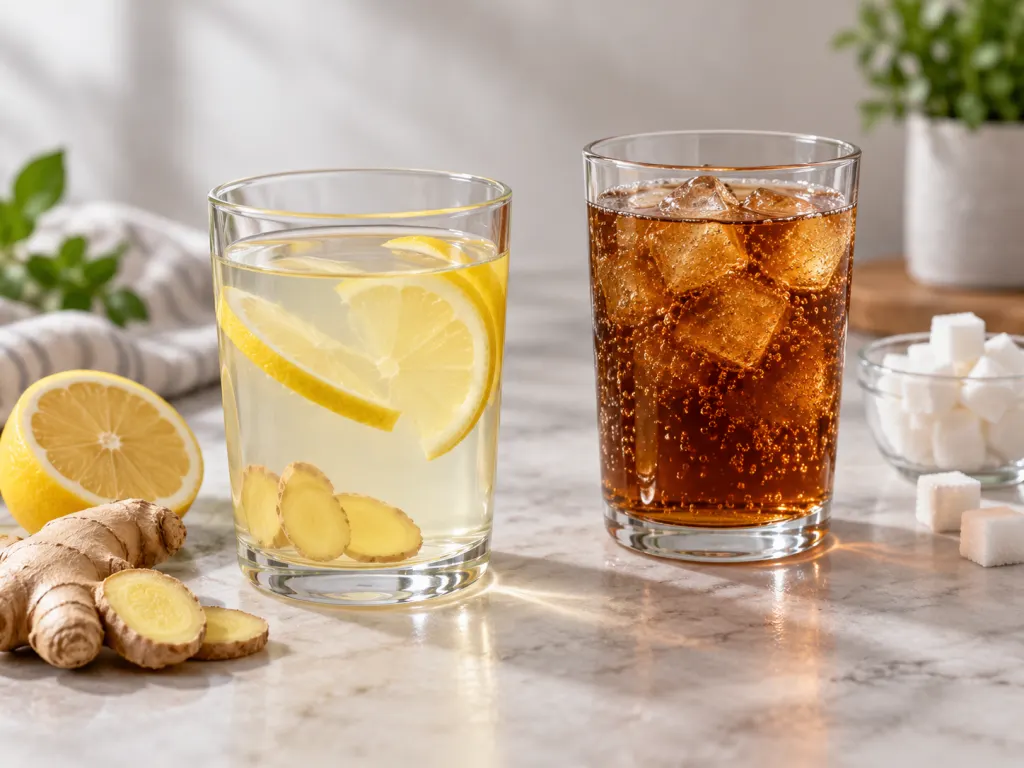 Ginger water beside a sweet drink and sugar cubes to show a lower-calorie drink swap.