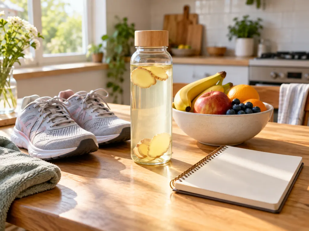 A bottle of ginger water with walking shoes, fruit, and a blank notebook suggesting a balanced routine.