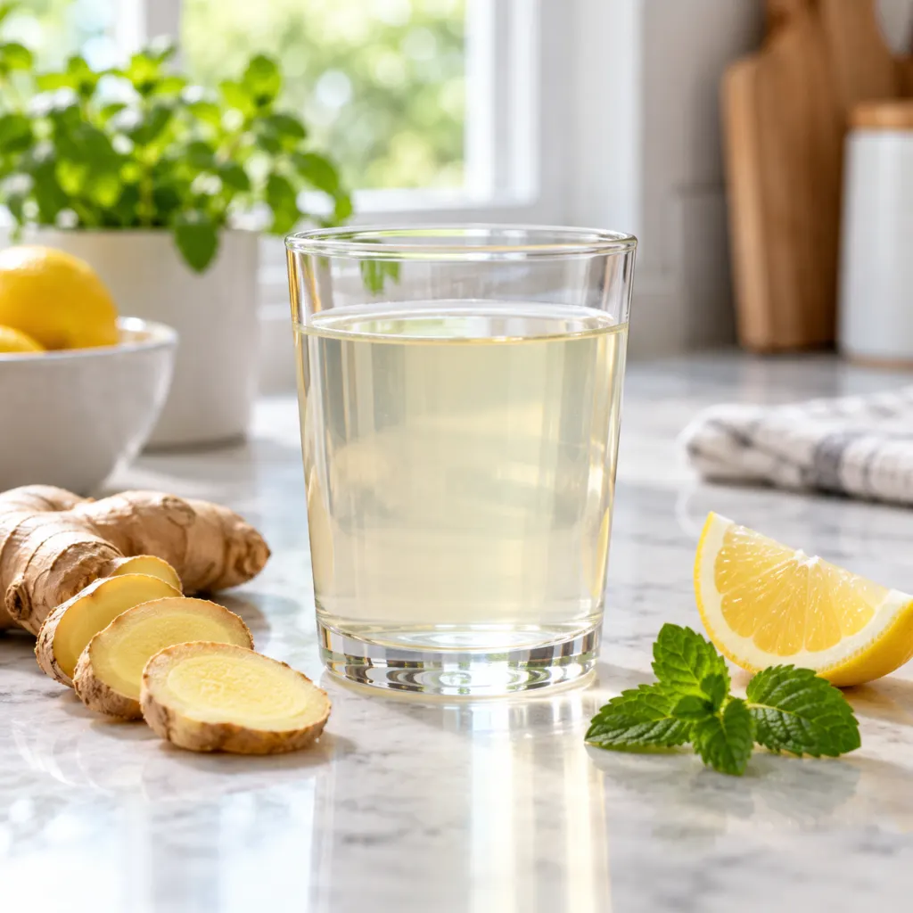 A glass of ginger water with fresh ginger slices, lemon, and mint on a kitchen counter.