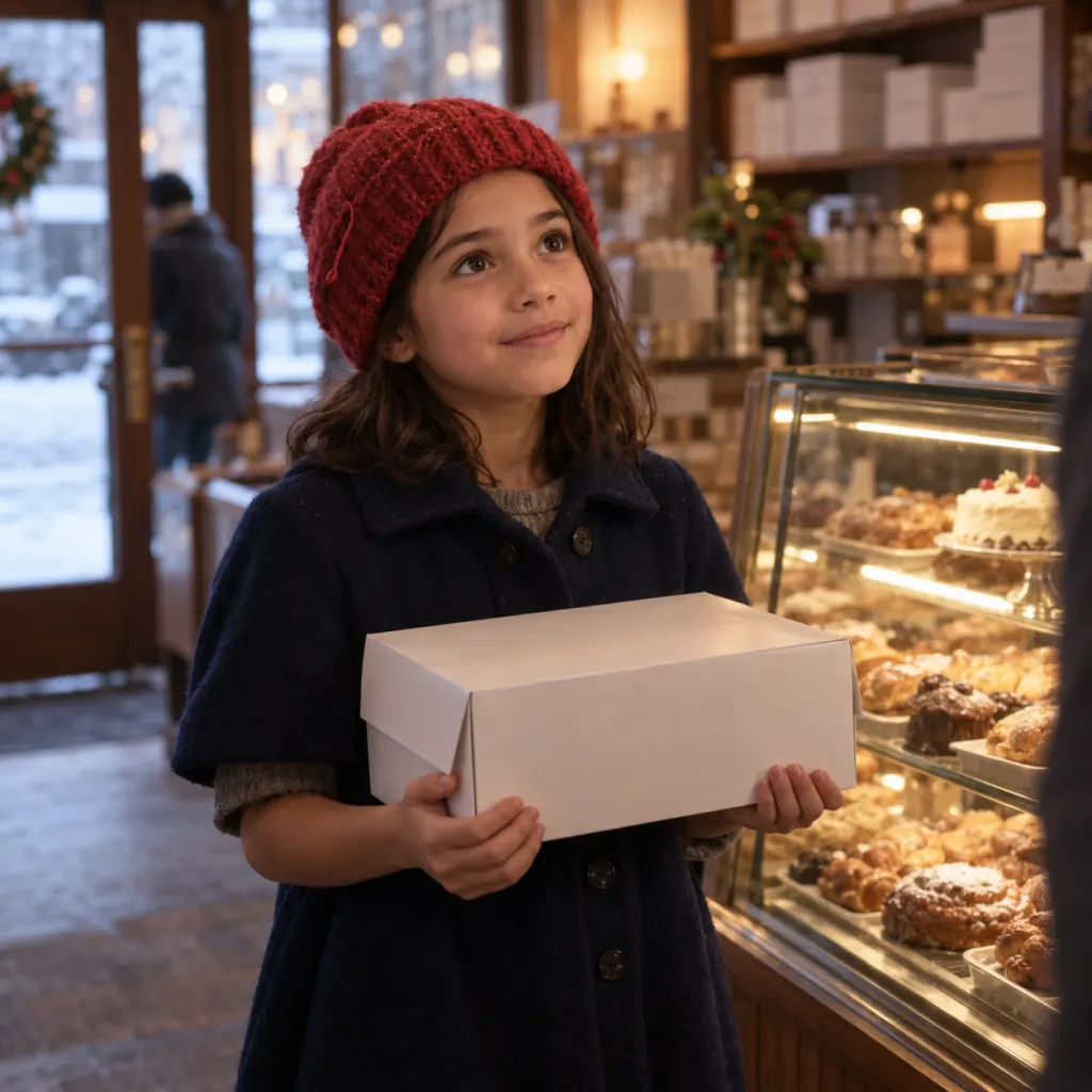 A young girl in a red knit hat carefully holds a cake box inside a warm bakery.