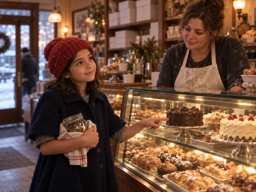 Lina points to a small chocolate cake in the bakery case while holding her coin jar.