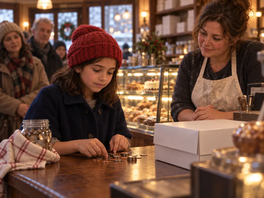 Lina counts coins at the bakery counter with the cake box waiting nearby.