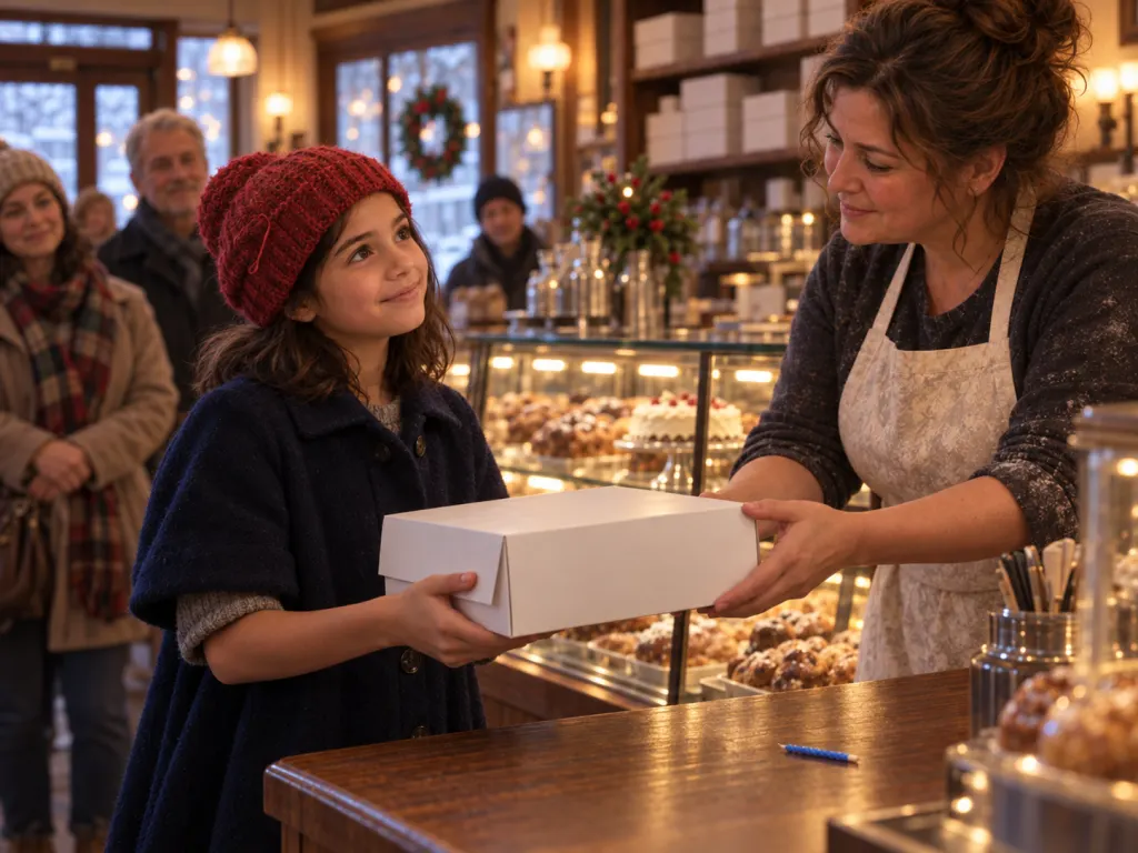 The baker hands Lina the boxed cake and a blue candle as customers look on kindly.