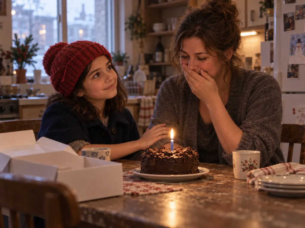Lina and her mother sit at their kitchen table with a small cake and blue candle.