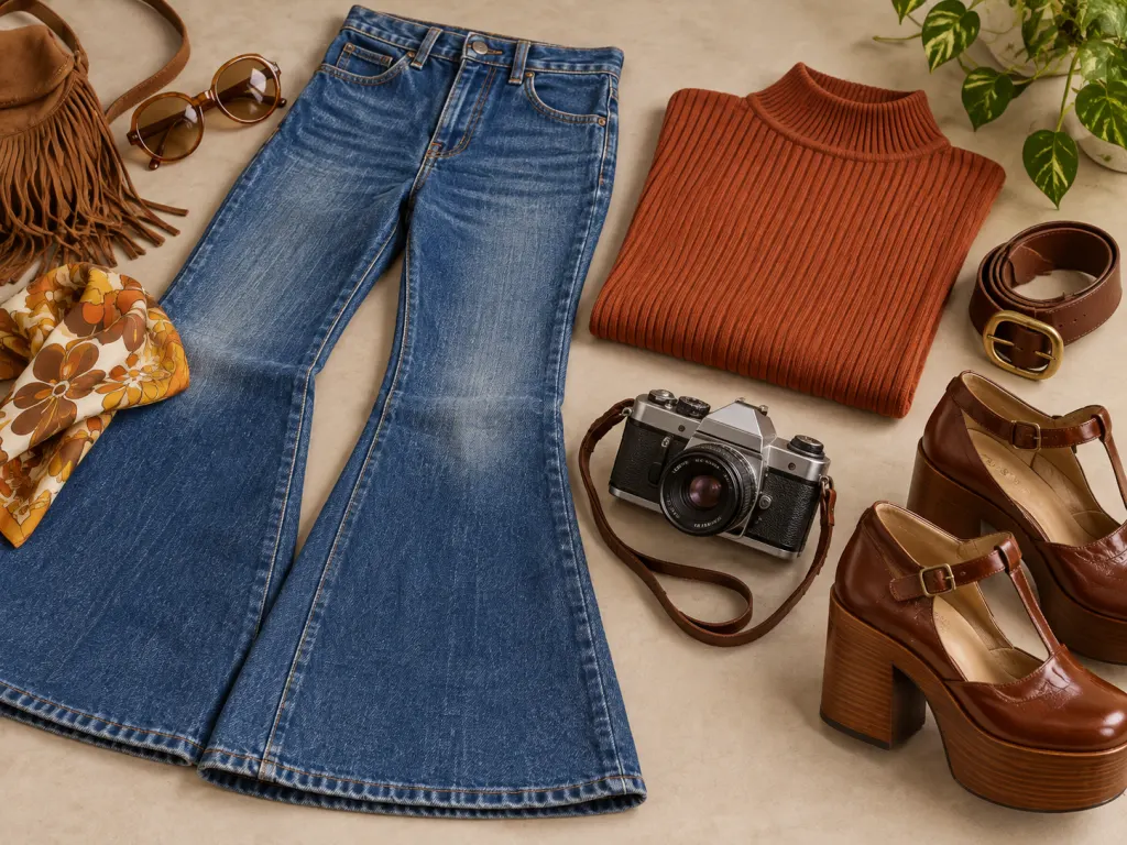 1970s clothing and a film camera arranged as visual clues from the decade.