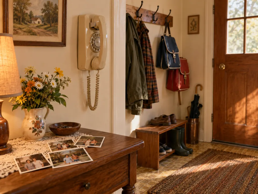 A 1970s home entryway with a wall phone, bags, coats, and printed photos.