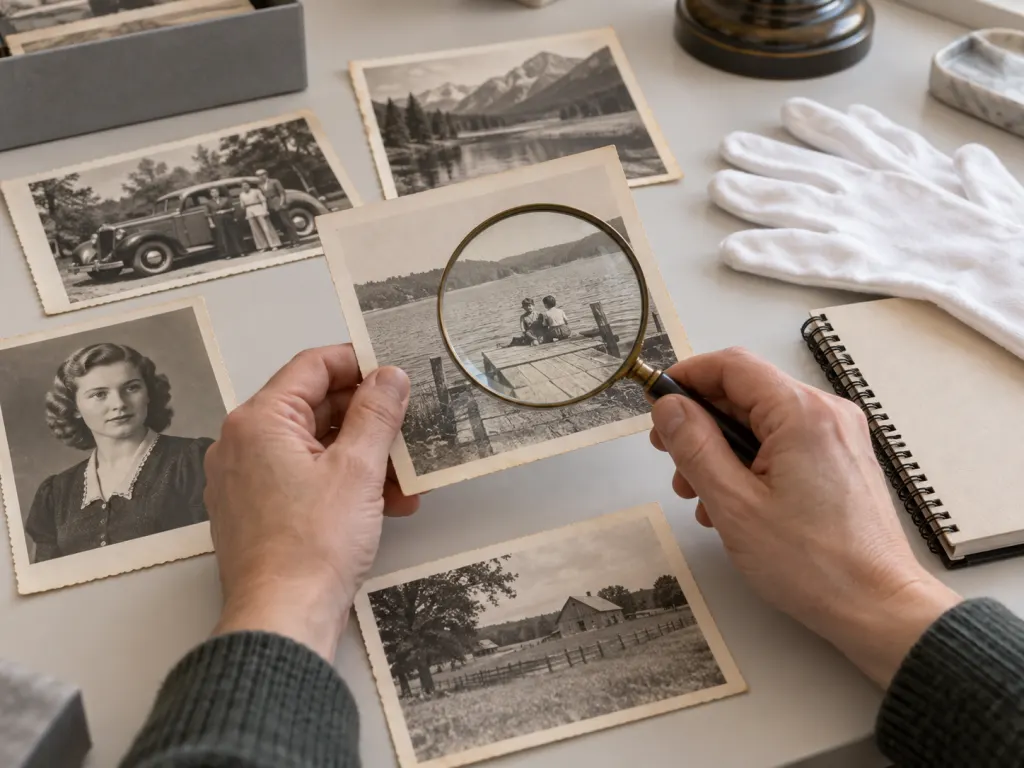 Vintage photo prints being examined on a table with careful research tools.