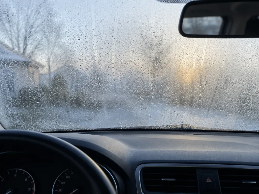 Condensation droplets on the inside of a car windshield.