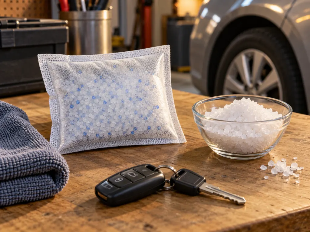 A sealed moisture absorber pouch beside coarse salt and car-care items.