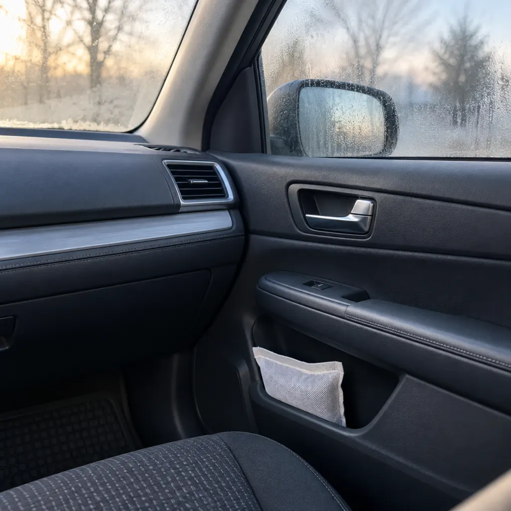 A secured moisture pouch inside a parked car with lightly fogged windows.