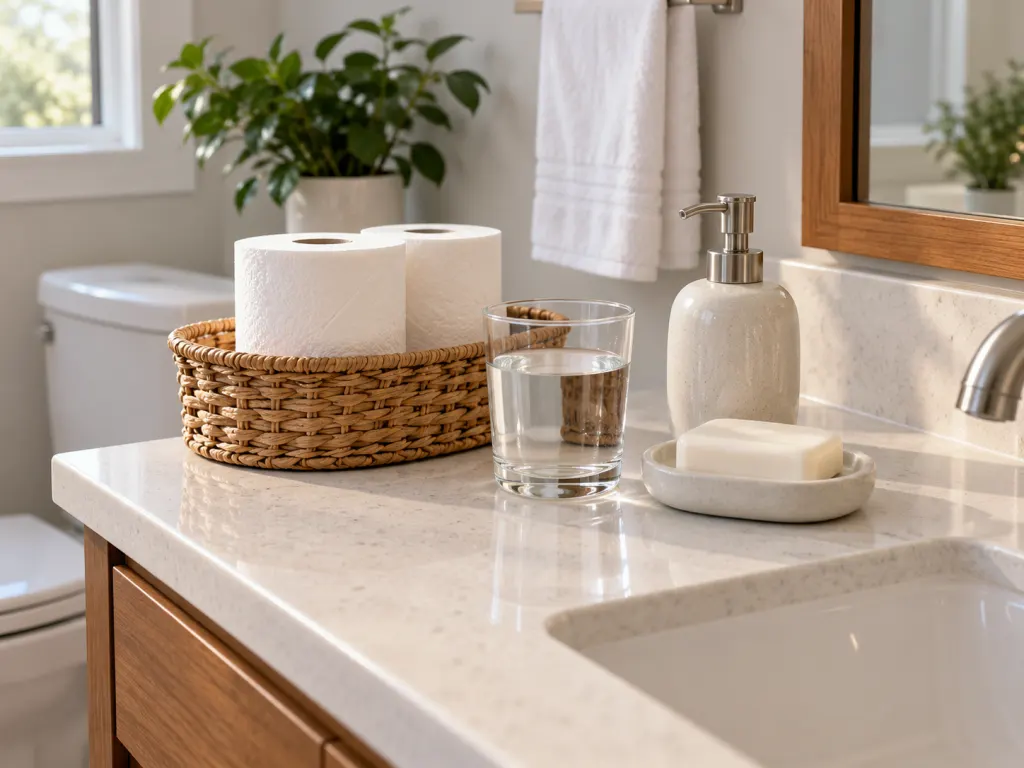 A tidy bathroom counter with soap, toilet paper, and a water glass.