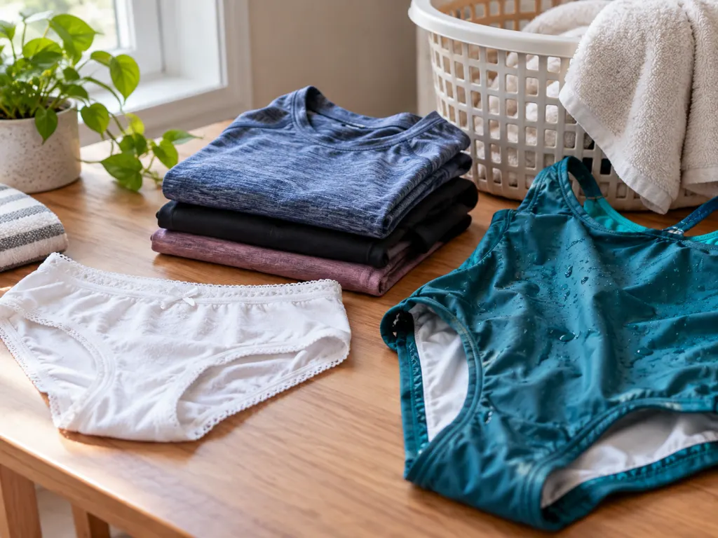 Cotton underwear, workout clothes, and a wet swimsuit near a laundry basket.