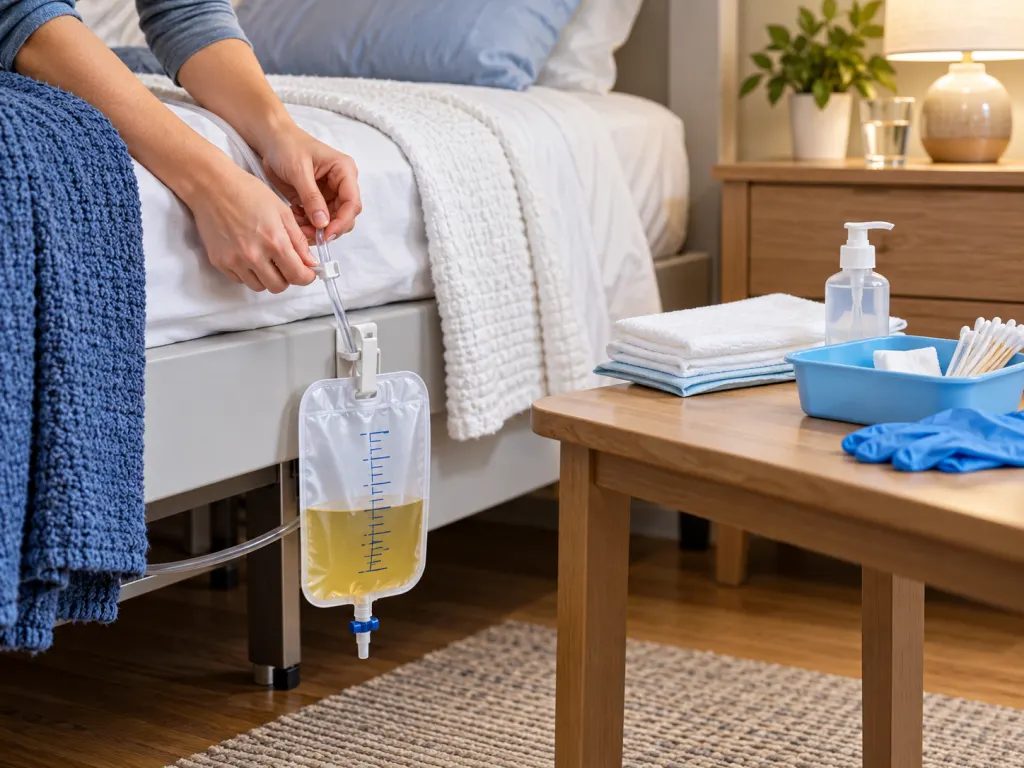 An educational home-care scene showing organized catheter supplies and a drainage bag below bed level.