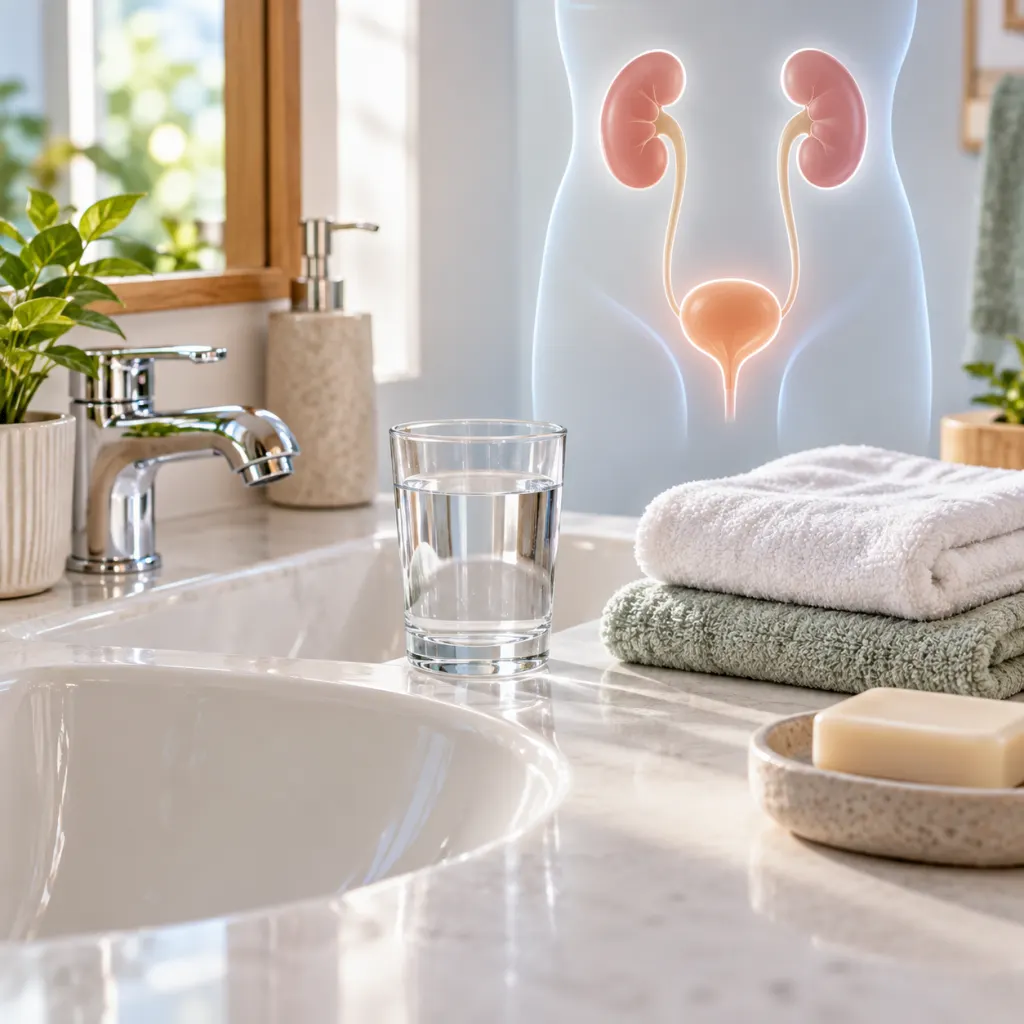 A clean bathroom sink with towels and a glass of water representing urinary tract hygiene.