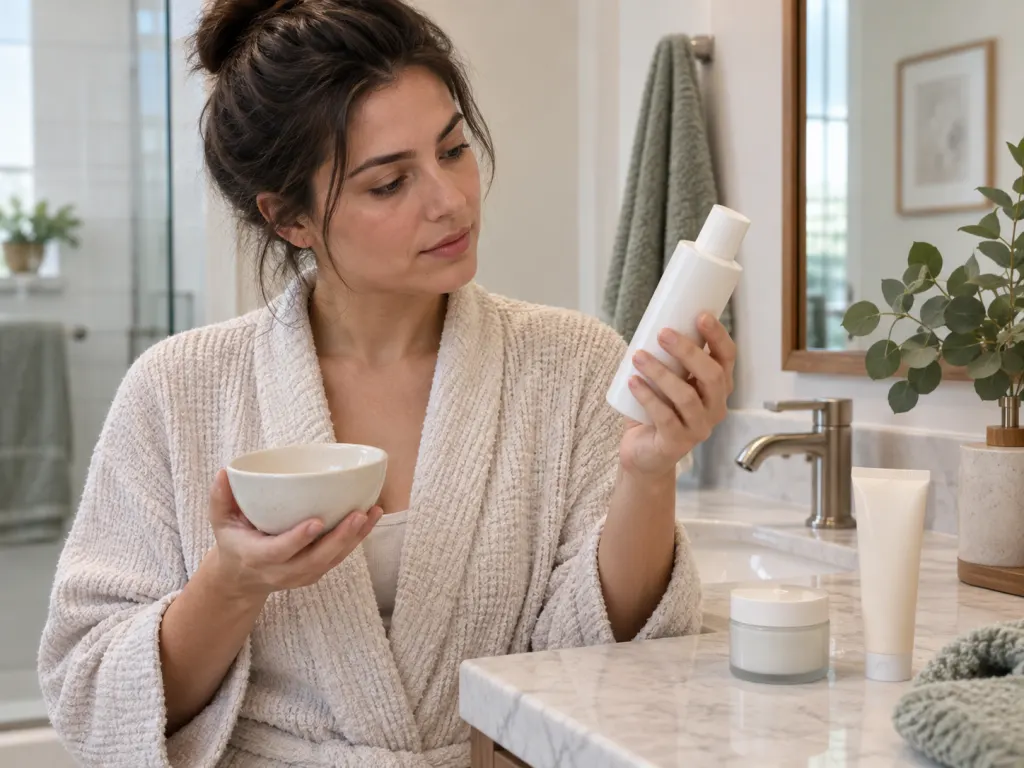 A person compares skin care product labels beside a small bowl at a bathroom sink.