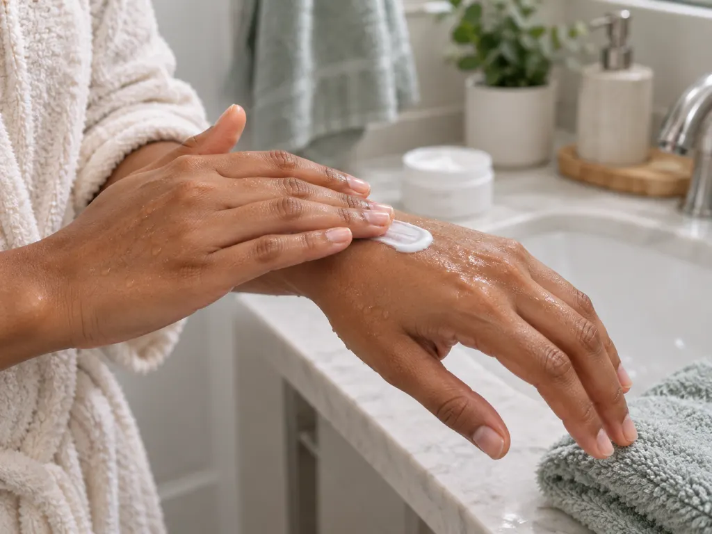 Hands apply moisturizer to damp skin beside a sink and soft towel.