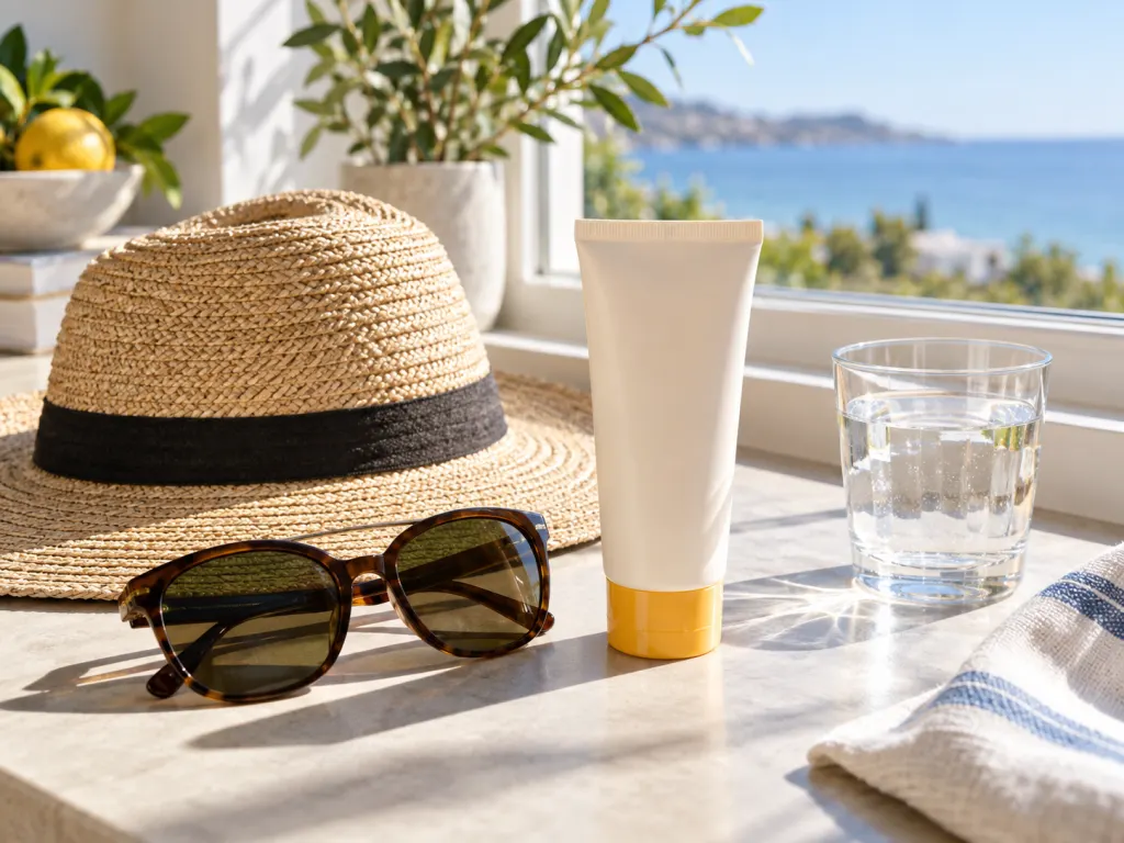 Sunscreen, a hat, sunglasses, and water sit by a sunny window.