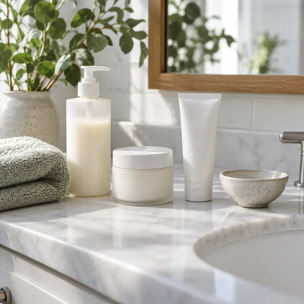 A clean bathroom counter with cleanser, moisturizer, sunscreen, a towel, and an empty mixing bowl.