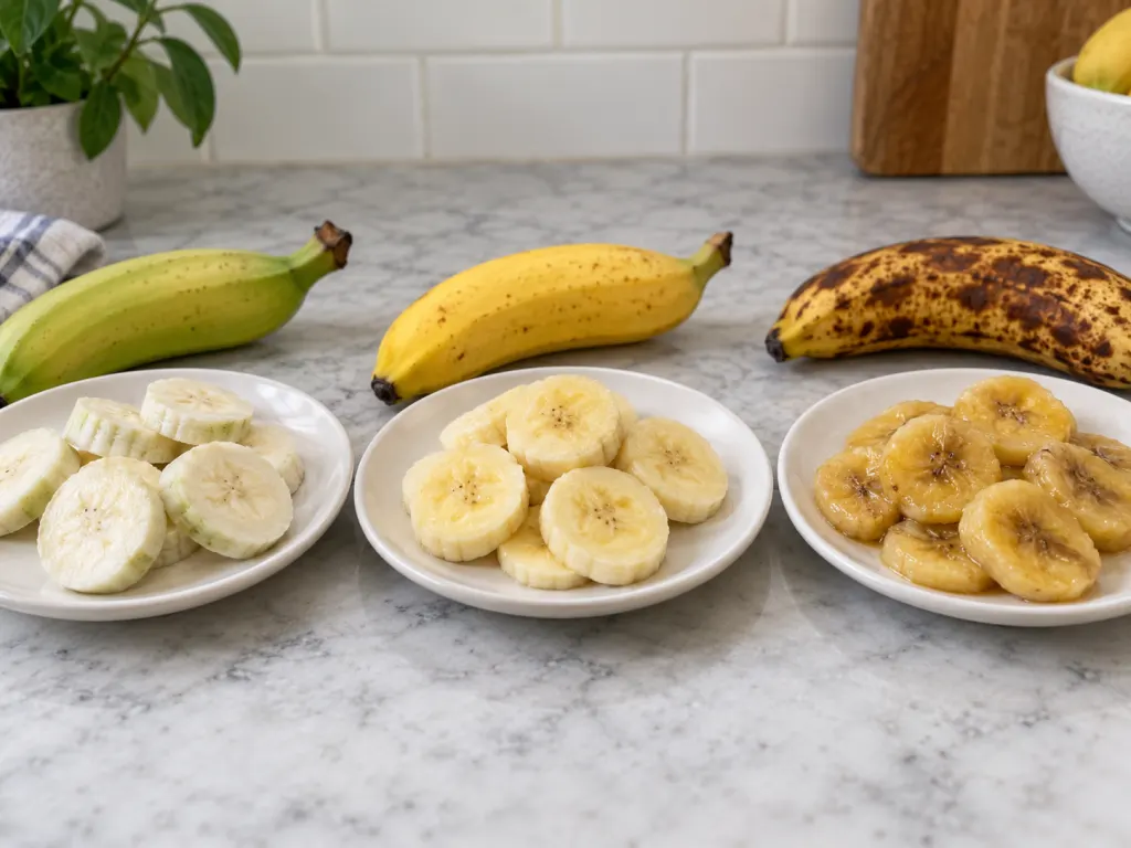 Banana slices at different ripeness stages arranged on separate plates.