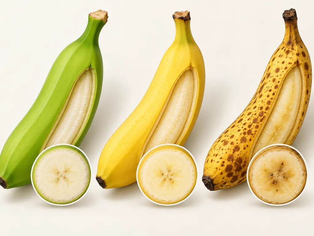 Illustrated sequence of bananas changing from green to yellow to brown-spotted.