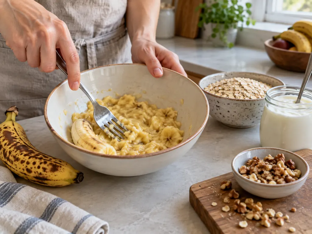 A ripe banana being mashed in a bowl with oats, yogurt, and nuts nearby.