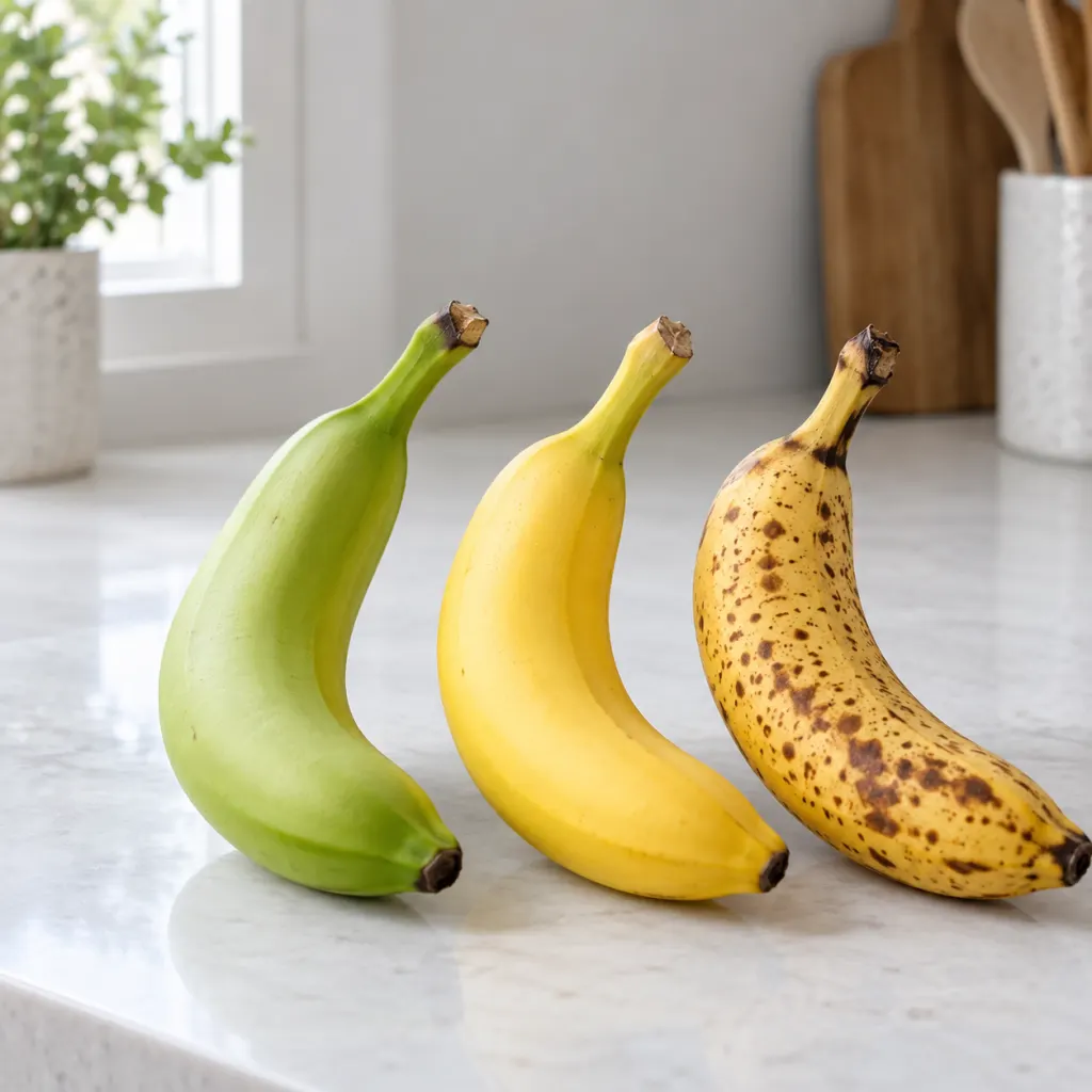 Three bananas at green, yellow, and brown-spotted ripeness stages on a kitchen counter.