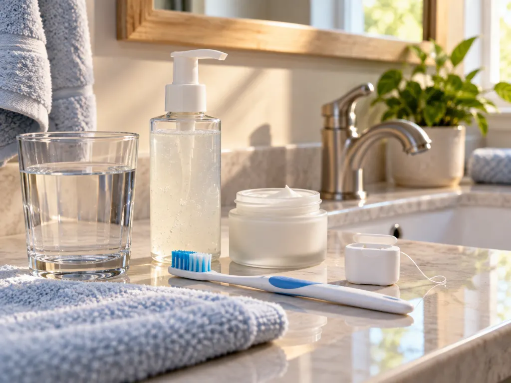 A clean sink counter shows moisturizer, cleanser, toothbrush, floss, and water for a simple morning routine.