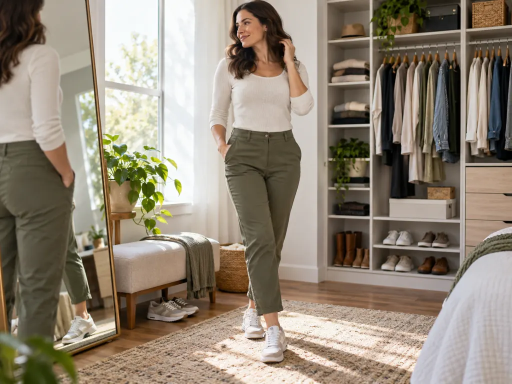 An adult stands comfortably in well-fitted casual clothes beside an organized closet and walking shoes.