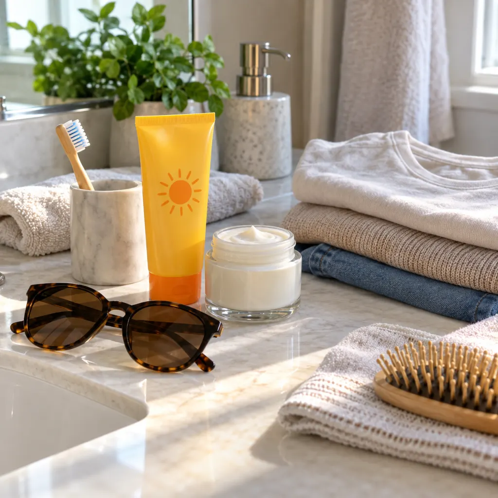 A calm bathroom counter with sunscreen, moisturizer, sunglasses, a toothbrush, and folded clothing in morning light.