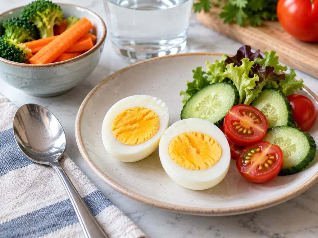 A halved hard-boiled egg shown with simple meal components for portion context