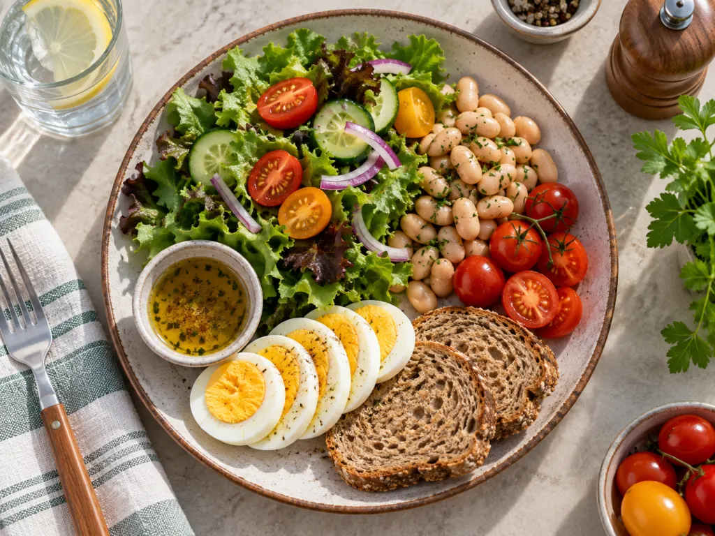 A balanced lunch plate with hard-boiled egg, vegetables, beans, and whole-grain bread