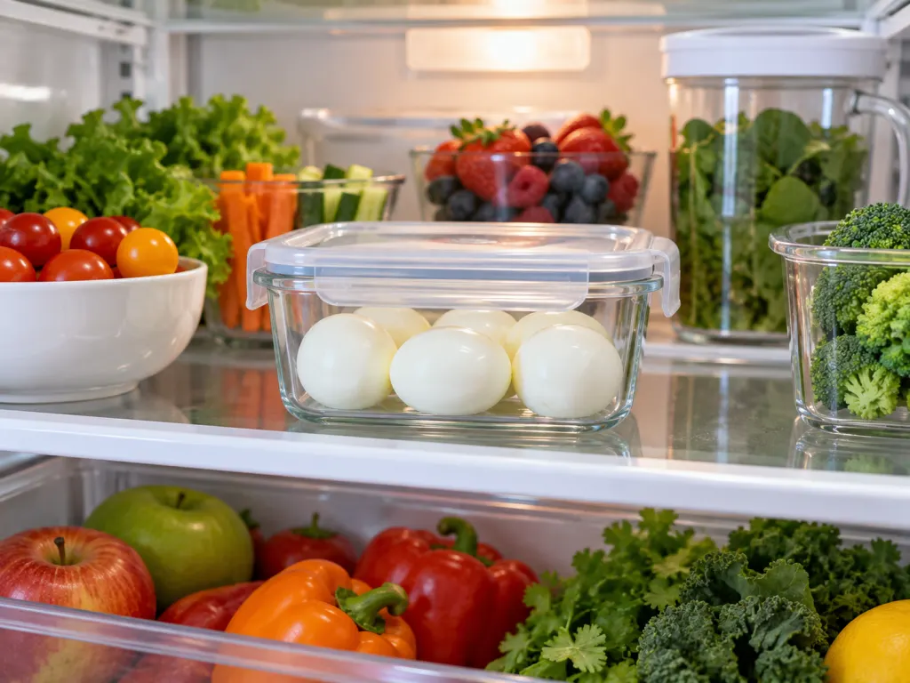 Hard-boiled eggs stored in a covered container inside a refrigerator