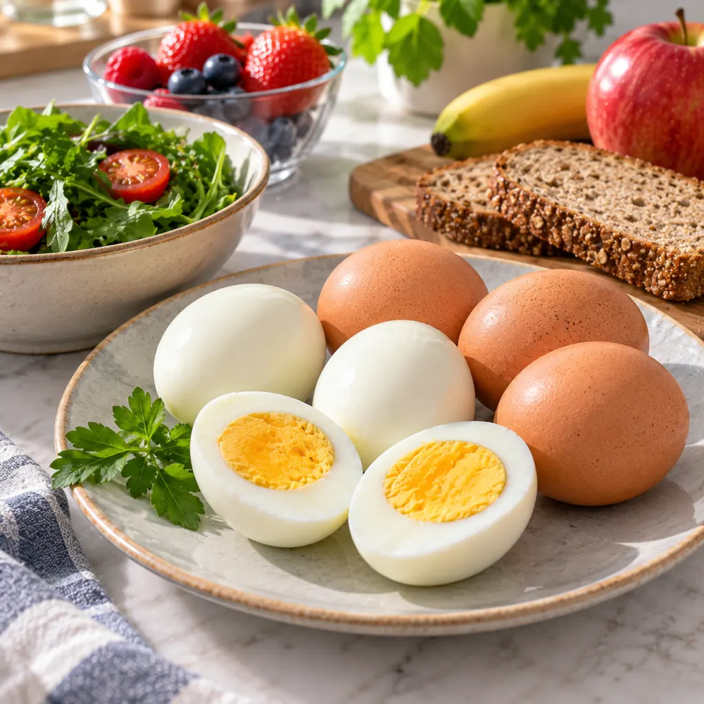 Hard-boiled eggs arranged with greens, toast, and fruit on a kitchen counter