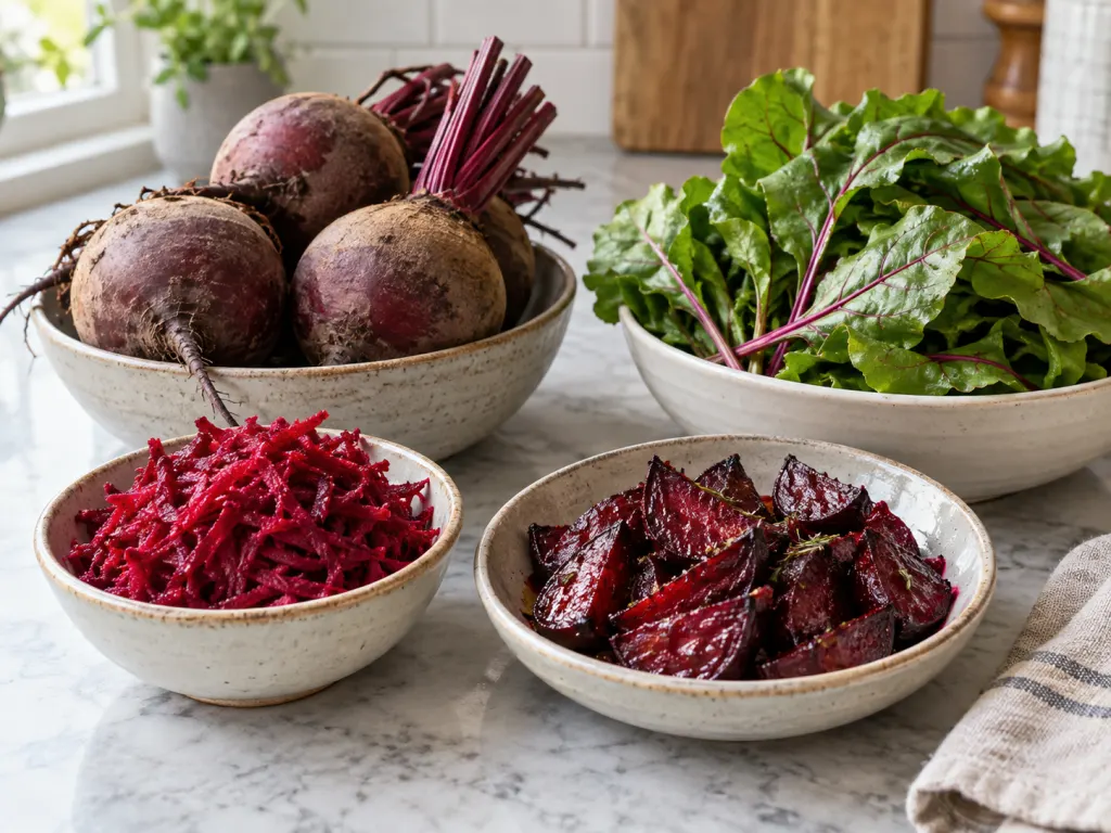 Different beet preparations displayed in bowls, including raw grated beet, roasted wedges, and greens.